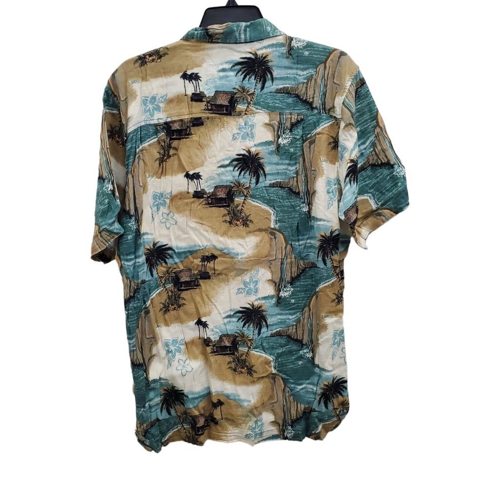 Cherokee Waikiki Wear Vintage Men's Blue Tan Hawaiian Wood Button Up Shirt Sz M - Picture 6 of 7